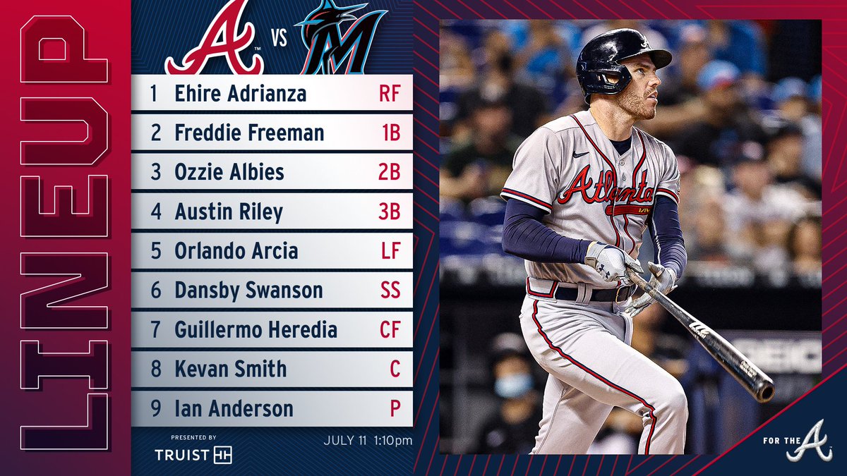 Braves's tweet photo. Here's how the #Braves will line up for today’s series finale in Miami.

Presented by @TruistNews | #ForTheA https://t.co/6F4FQYQpFg