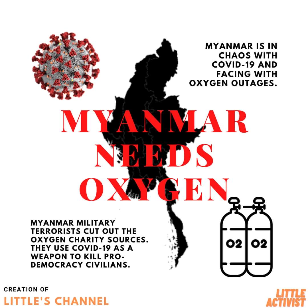 KayZinTheint10's tweet photo. Due to #COVID19 Pandemic, Myanmar people are facing with OXYGEN Outages. And Junta Terrorists forcibly cut down the OXYGEN Charity Sources. Myanmar is in CHAOS with Covid and Coup. 🆘

WE NEED HELP FOR COVID-19
#MyanmarNeedsO2 #July11Coup
#WhatsHappeningInMyanmar
#July11 https://t.co/RpXHeiKd6V