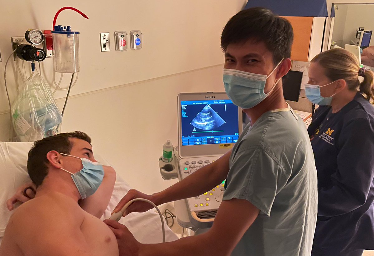 F1 bootcamp is almost done! Here is <a href="/HenryBHanMD/">Henry Han</a> practicing echo skills on <a href="/ScottKetchamMD/">Scott Ketcham</a> and getting pointers from our <a href="/umichCVC/">U-M Health Frankel CVC</a> sonographers! #echofirst #cardiotwitter what advice do you have for our new F1s on scanning while overnight? <a href="/MelindaDavisMD/">Melinda Davis</a> @mshetts1 <a href="/MartyTamMD/">Marty Tam</a>