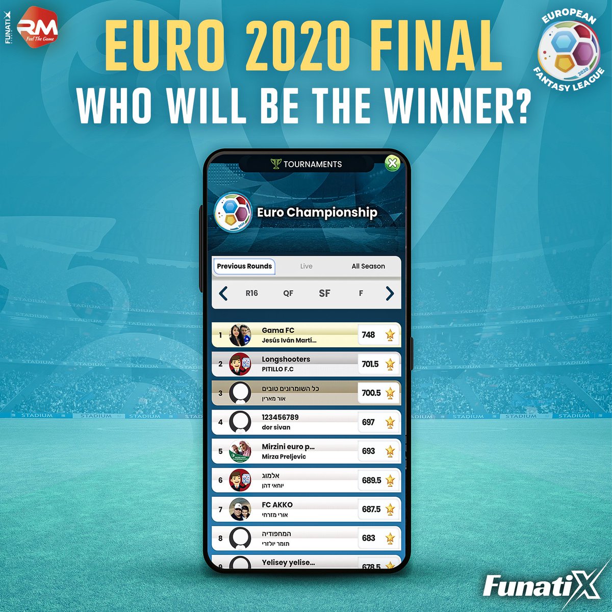 FunatixClub's tweet image. #realmanager EURO fantasy. Final. Today. Which Fan will win the tournament? Is it 'Germa fc' from Mexico? Maybe 'Longshooters' from Greece? or 'All Samaritans are good' from Israel?