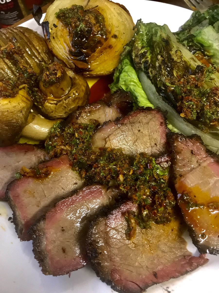 tantrictrevbbq's tweet photo. Happy with that. Best brisket I’ve done without drying it out. Hasselback pots and gem lettuce with chimichurri I made yesterday. #bbq #tantrictrevbbq #weber #brisket #smokenator https://t.co/PTdsu82L7W