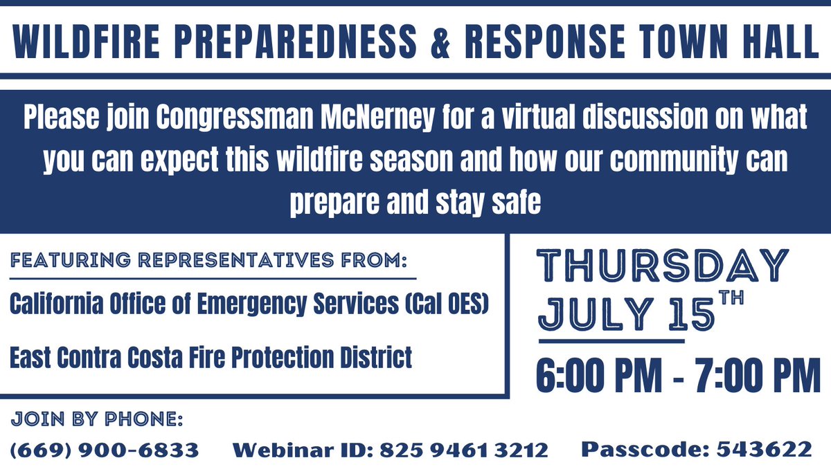 SenMcNerney's tweet photo. I'm hosting a virtual town hall this Thursday, July 15th from 6:00 PM to 7:00 PM with representatives from @ECCFPD and @Cal_OES to discuss how we can help protect our communities this wildfire season.
Join Online:
https://t.co/4TuZyoBZBZ https://t.co/DiJAYcP1X9