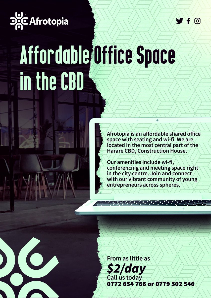 AfrotopiaZw's tweet photo. Free work space for as little as USD 2.00 . Afrotopia is safe space for creatives in all shapes , size or form pull up 💪🏽 #Afrotopia #Workspace #FreeWorkSpace #CreativeSafeSpace #CreativeSafeSpace #redmarketsunday https://t.co/9zB3hNrFG3