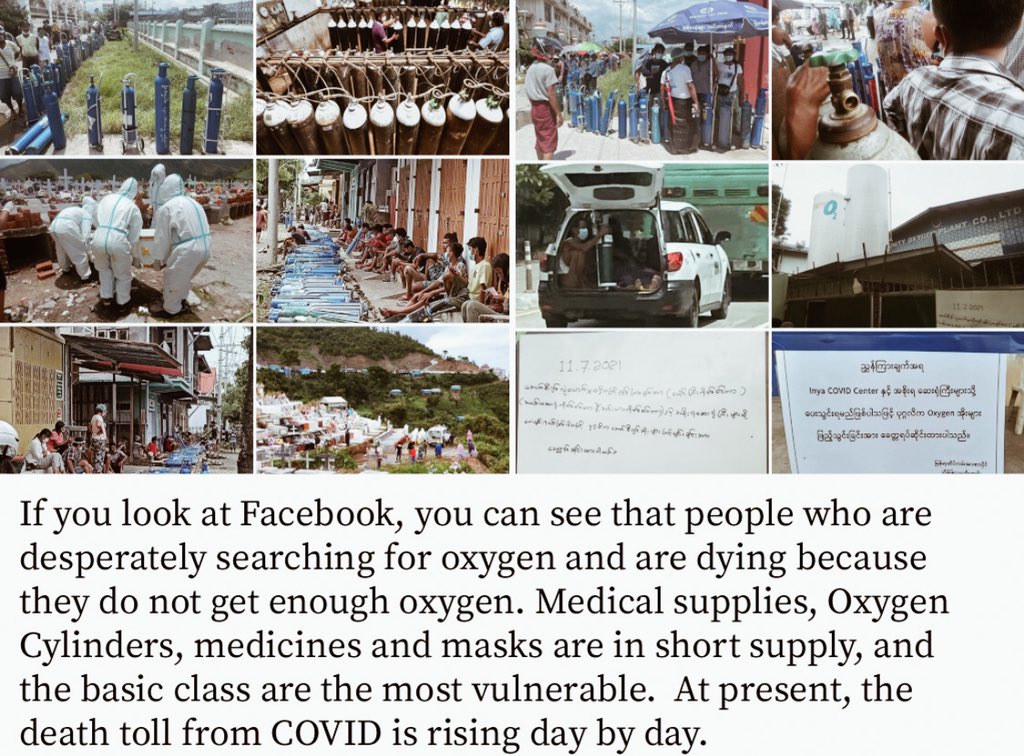 susuthinzar14's tweet photo. In Myanmar, Covid-19 3rd wave is getting worse day by day and the SAC is nothing doing for citizens and even shutting down the Oxygen supplies centers and others helps from foreign countries.

 WE NEED HELP FOR COVID-19

#MyanmarNeedsO2
#July11Coup
#WhatsHappeningInMyanmar https://t.co/Zc6JtoUvoG