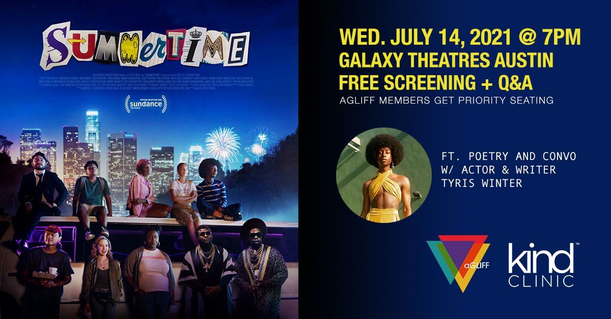 Slam Poetry in film co-written by queer BIPOC voices? 🤩🌈  Count us in! Join us + <a href="/TheKindClinic/">-</a> on our return to IN-PERSON screening THIS WED. w/ @Summertime_Movie ft. Tyris Winter in attendance! FREE to RSVP, aGLIFF members get priority seating: buff.ly/2UpMueM