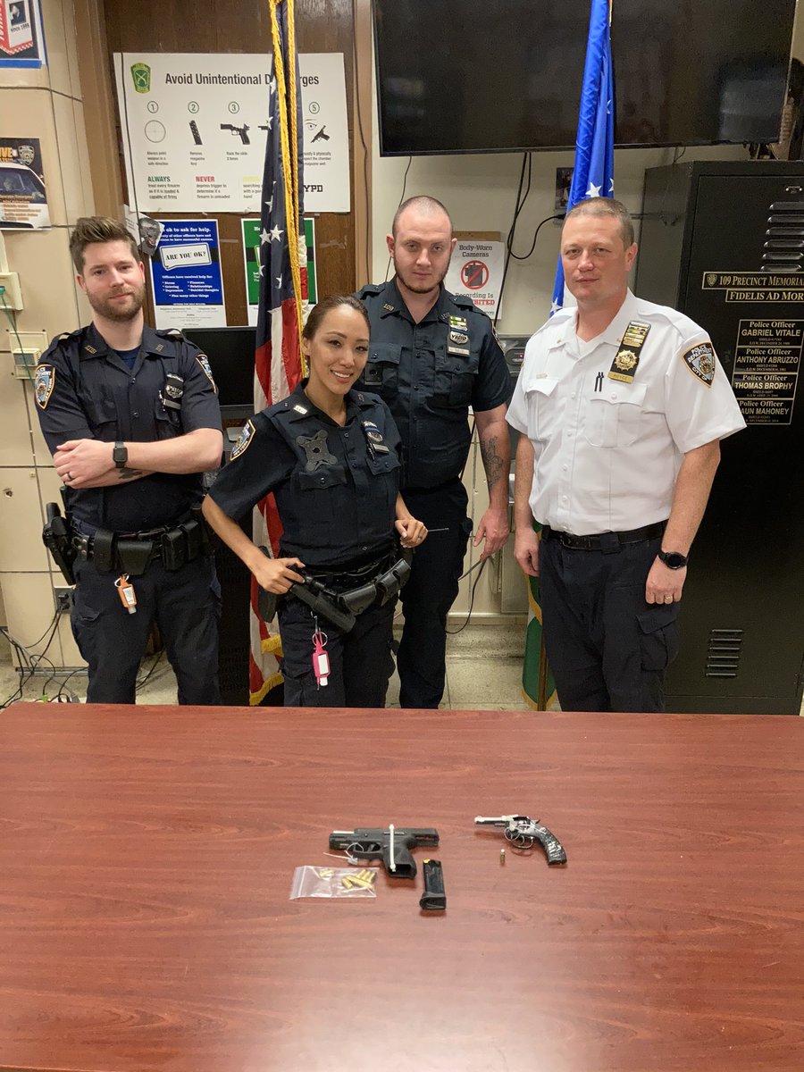 NYPD109Pct's tweet photo. Your 109 Officers have a relentless desire to keep our community safe. Last night they recovered 2 guns from 2 dangerous suspects. Great job! #TwoLessGuns https://t.co/1iJ1bqRPYh