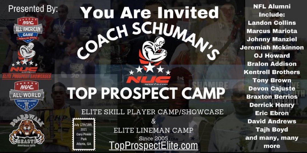 <a href="/josephxratliff/">Jo-Jo Ratliff</a> You are invited to the Coach Schuman’s Top Prospect Elite Camp Showcase in Atlanta, GA July 17th &amp; 18th, 2021, go to topprospectelite.com to register now use code football19 for 50% off. Limited Spots Available so register right away