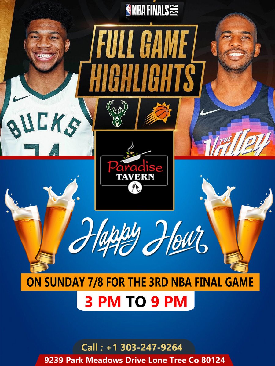 “ Happy Hour on Sunday 7/8 for the 3rd NBA Final game”
⚽𝑷𝒉𝒐𝒆𝒏𝒊𝒙 𝑺𝒖𝒏𝒔 𝒗𝒔 𝑴𝒊𝒍𝒘𝒂𝒖𝒌𝒆𝒆 𝑩𝒖𝒄𝒌𝒔⚽
🕒3 PM to 9 PM
#SportsBar, #Happyhour, #Drinks, #Cocktails, #Shots, #Beer, #Tap, #DraftBeer, #CraftBeer, #Appetizers, #IndianBeer