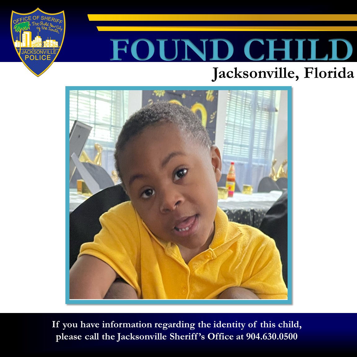 JSOPIO's tweet photo. **Attention**  Do I look familiar??  #JSO has located a lost child and we need your help identifying him. Call 904-630-0500 or 911 with information that may help reunite him with family. https://t.co/x79dH2Oy8F