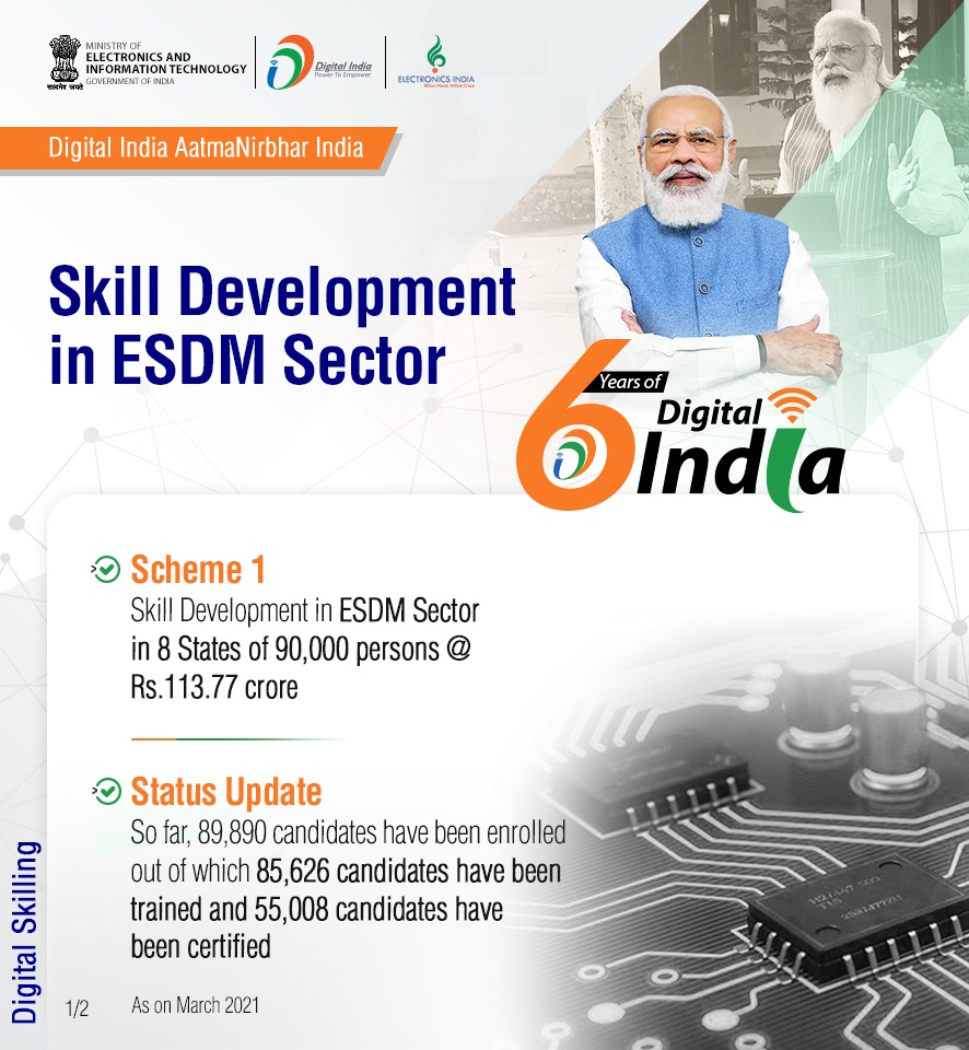 _DigitalIndia's tweet photo. #6YearsOfDigitalIndia | The ESDM Scheme is being implemented by three key implementing Agencies (KIAs) namely @NIELITIndia, ESSCI and TSSC. The scheme is operated and managed by Programme Management Unit (PMU) at NIELIT, under the aegis of @GoI_MeitY in a transparent manner. https://t.co/0qWdvxCI2K