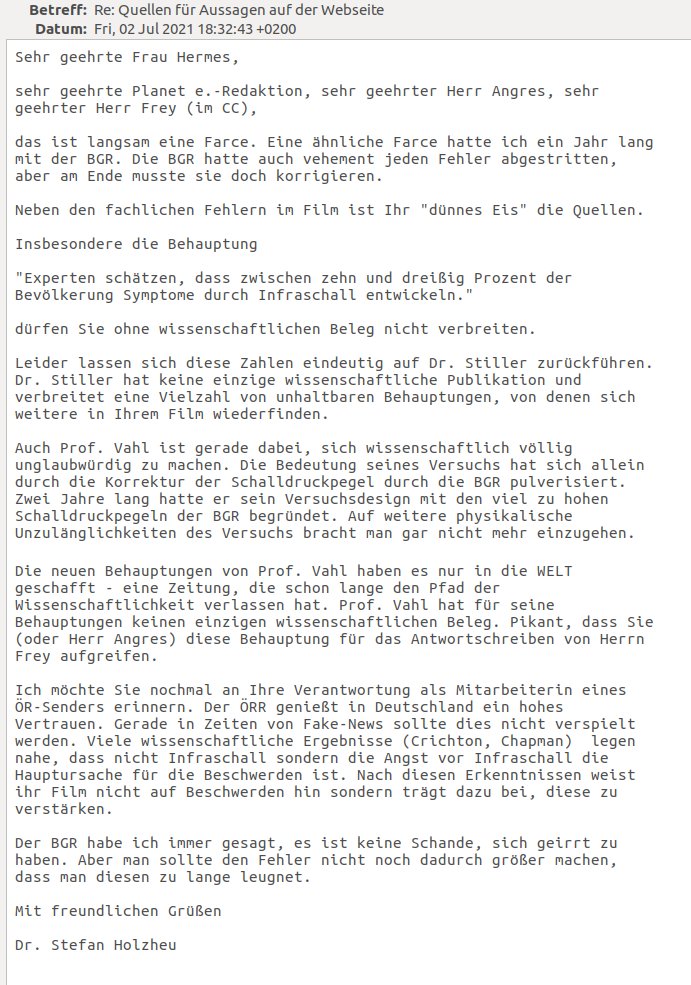 #Windkraftgegner beim <a href="/ZDF/">ZDF</a>!

Liebes <a href="/ZDF/">ZDF</a>, mit Ihrer Weigerung, die Quellen zu nennen, machen Sie aus einem schlechten Film einen Skandal.  

Ich fordere Sie nochmal öffentlich auf, die Aussagen auf der Webseite mit Quellen zu hinterlegen.