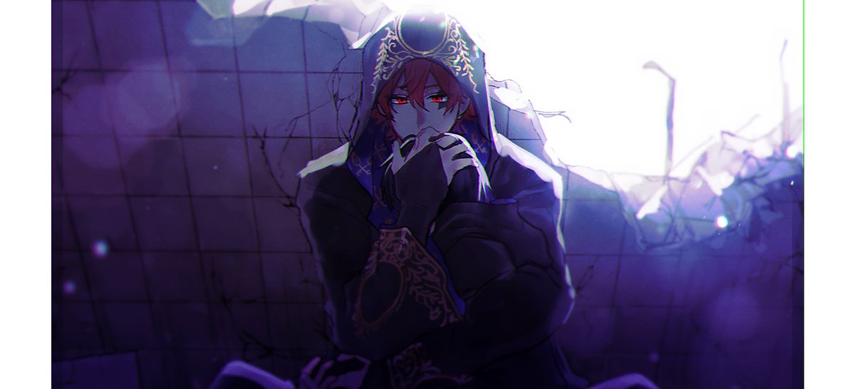 1boy male focus red eyes solo red hair black robe hood  illustration images