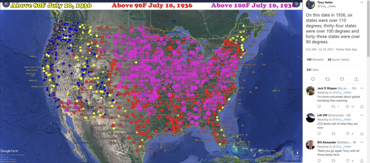 EcoSenseNow's tweet image. Heat spells are not new. The 1930s were often warmer than today when CO2 was at about 300 ppm compared to today’s 417 ppm. CO2 is not the “control-knob” of global temperature. It is the main food for all life.