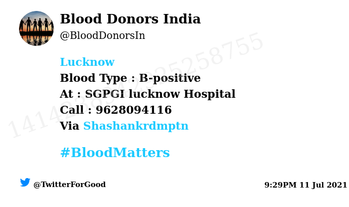 BloodDonorsIn's tweet photo. #Lucknow
Need #Blood Type :  B-positive
Blood Component : Blood
Number of Units : 10
Primary Number : 9628094116
Patient : Ankit Kumar 
Via: @Shashankrdmptn
#BloodMatters
Powered by Twitter https://t.co/teUqecbWHN