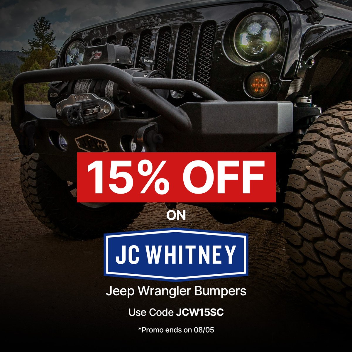 CarPartscom's tweet photo. Equip your #JeepWrangler with heavy-duty bumpers for your next trip to the trails. Upgrade with #JCWhitney today through 8/5 and get 15% off your purchase. Find the right reinforcements for your rig at https://t.co/WV9uAWzr3k https://t.co/PYEl2s9w0i