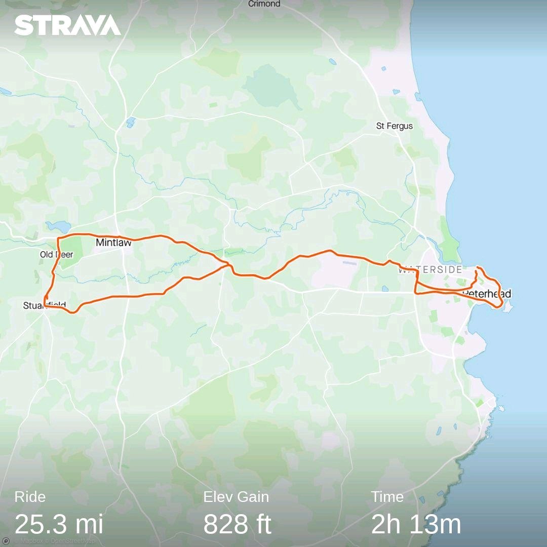 Cycle to Longside, Inverqohomery, Stuartfield ( pit stop at Steph McLean for coffee and biscuit ) then Old Deer, Mintlaw, Longside and home via harbour. Thick fog back in the town. Throughly enjoyed that cycle.
Check out my activity on Strava: strava.app.link/g7lNjMpcOhb