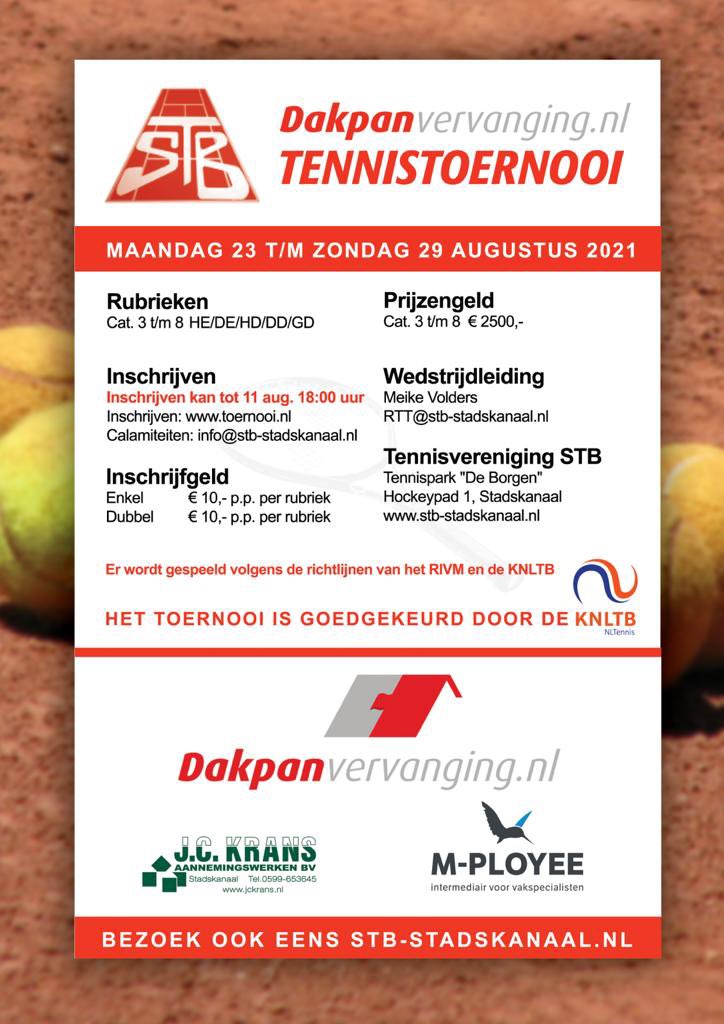Week 34, één week na de schoolvakanties noord is ons 🎾 tennistoernooi er weer!met nieuwe hoofdsponsor. Aanmelden via toernooi.nl
