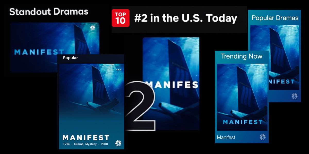 SaveManifest's tweet photo. Manifesters, Manifest has been in @netflix’s Top 10 for one month, for 27 of those days the No. 1 show, is No. 2 today, Popular on @hulu, a Standout Drama on the @peacocktv app and Trending Now on the @nbc app! Keep streaming Manifest and posting! ✈️ #SaveManifest https://t.co/Pt1kVFldGM