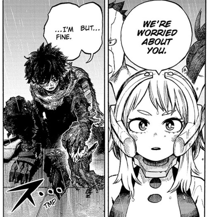 plotarmoryt's tweet image. Deku saying he’s fine and then putting back on his mask which is basically a fake smile is lowkey deep... 

He’s hiding under it definitely 
#MHA319