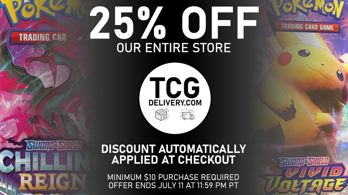 𝙎𝙐𝙉𝘿𝘼𝙔 𝙎𝙋𝙀𝘾𝙄𝘼𝙇
Surprise! 🎉🎉🎉 We're running a 25% off deal on EVERYTHING in our store. Deal ends at 11:59 PM PT.

Anything purchased today is GUARANTEED to ship Monday or your money back.

🛒 tcgdelivery.com/collections/fe…

#TCG #Pokemon #PokemonTCG #Sale #PokemonSale
