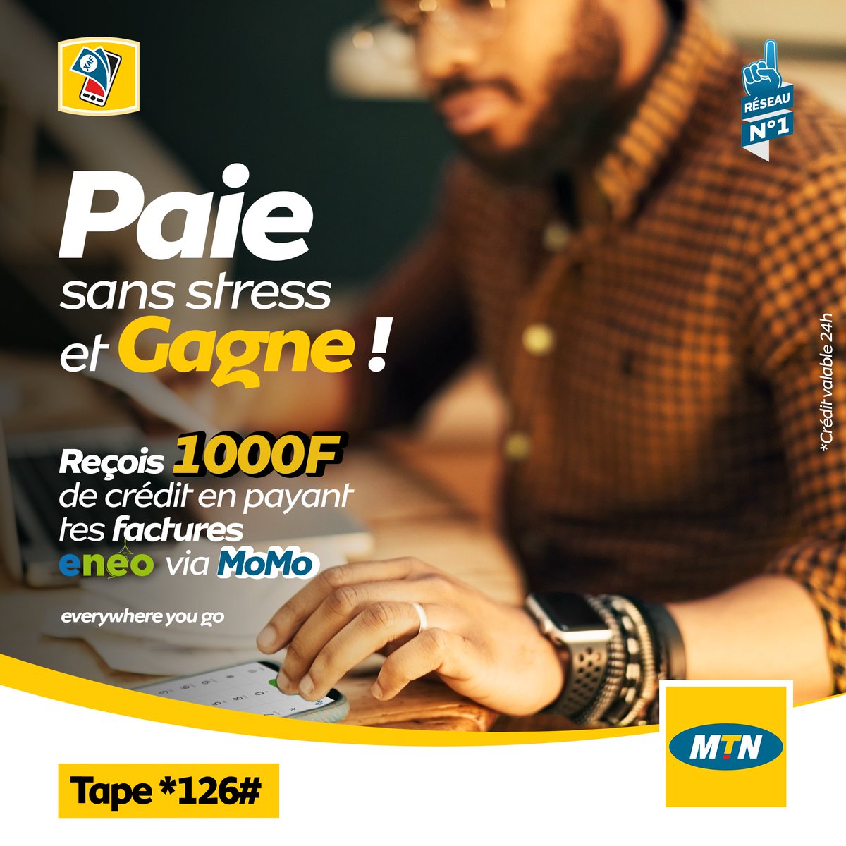MTNCameroon's tweet photo. Y'ello!
Parce que stresser n'est pas une option lorsque tu dois payer tes factures, MTN t'offre en plus 1000F de crédit gratuits quand tu le fais via MoMo. Ceci est valable pour tes factures prépayée ou postpayée. 
Tape *126#
#FaisUnMoMo #Imbattables #ReseauIndomptable https://t.co/XvLEAj1w7d