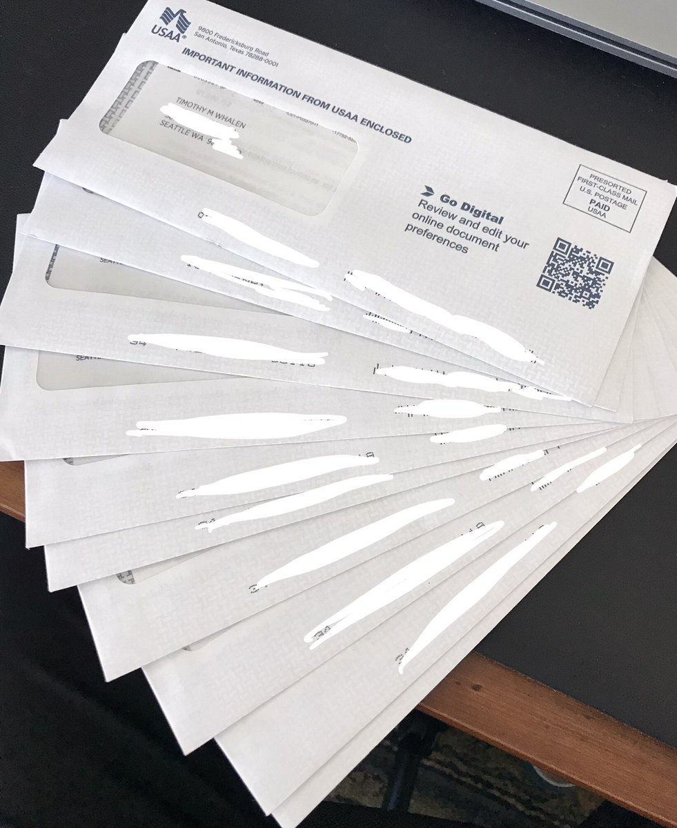 Every 3 months my bank sends account statements in separate envelopes while exhorting me to save paper by going digital. I’ve asked <a href="/USAA/">USAA</a> why not just send them all in the same envelope, for those who like paper statements?