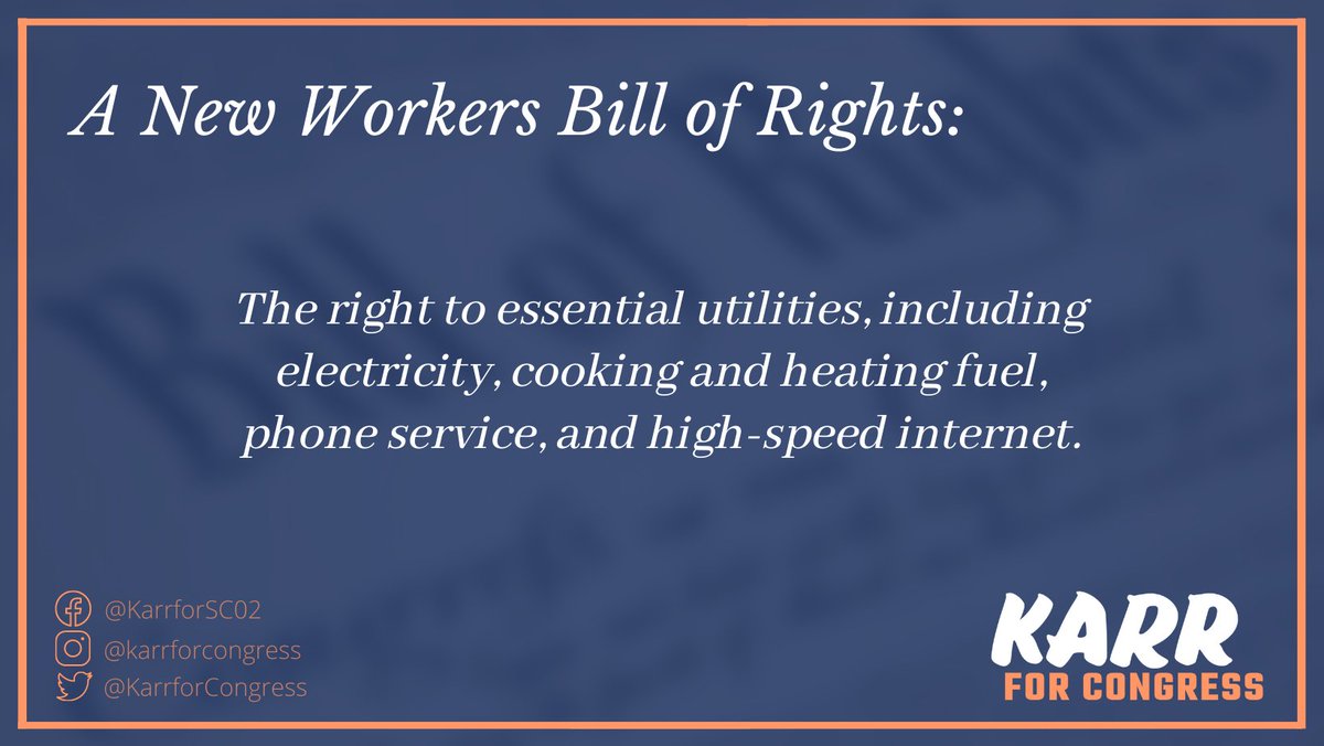 KarrforCongress's tweet photo. As society advances, so do social needs. In modern society, people cannot be expected to go without these basic utilities. In order for us to live and thrive, they are all essential. Cost cannot be a barrier to our ability to obtain them.
#KarrforCongress #WorkersBillofRights https://t.co/DlEwXxsEHs