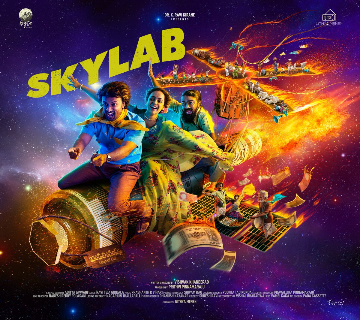 #SKYLAB Is Falling 🛰️ Here's the first look!
Get ready to transport to a different world with a Roller Coaster Ride of Fun & Emotions! 🤩 
@ActorSatyaDev @MenenNithya @eyrahul @VishvakKhander1 @prashanthvihari @Prithvi_sp @bytefeatures #NithyaMenenCompany @vamsikaka @donechannel1