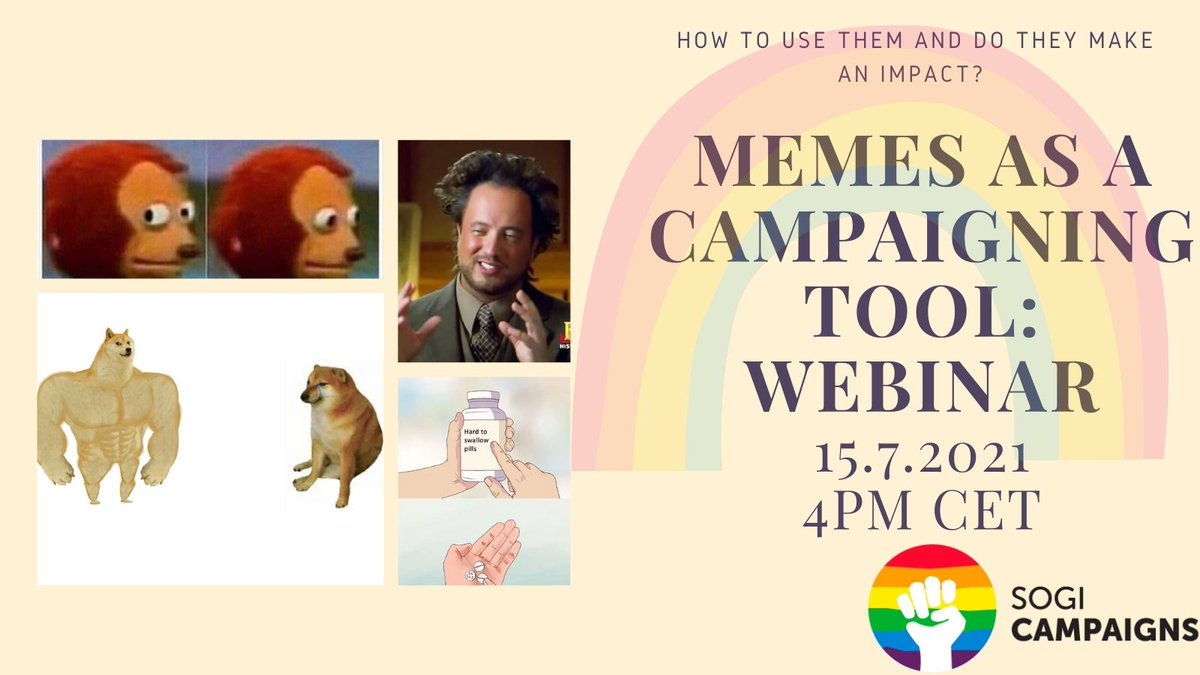 Memes can communicate a stance or message at a glance, and they are used extensively for activism of all sorts.
This is a topic for our upcoming webinar! 🥁
15th OF JULY 🗓️
 4PM CET ⏰
REGISTRATION
⬇️
 bit.ly/registration_m…