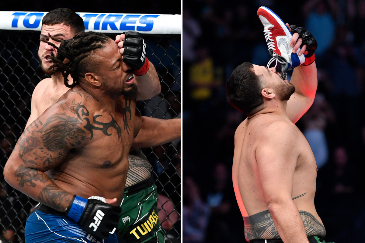 Tai Tuivasa knocks out Greg Hardy, chugs beer out of shoe at UFC 264