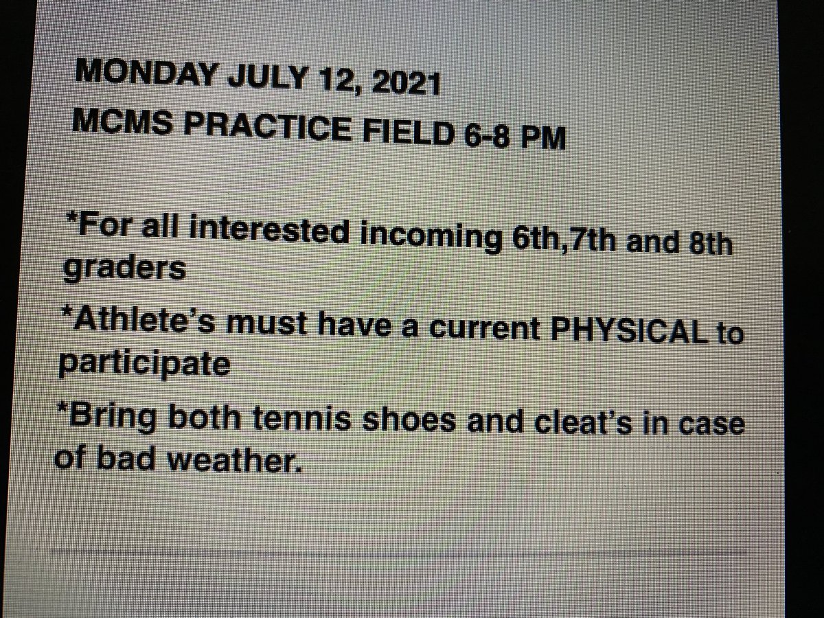 Calling all MCMS 6th-8th graders wanting to play Spartan football for the ‘21 season! Tryouts are tomorrow! Hope to see you there! <a href="/MCM_Frysc/">Ms. Spry</a> @MCMSpartanAP <a href="/mcmspartans/">@MCMSpartans</a> <a href="/MCM_Principal/">Donna Jones Hocker</a>