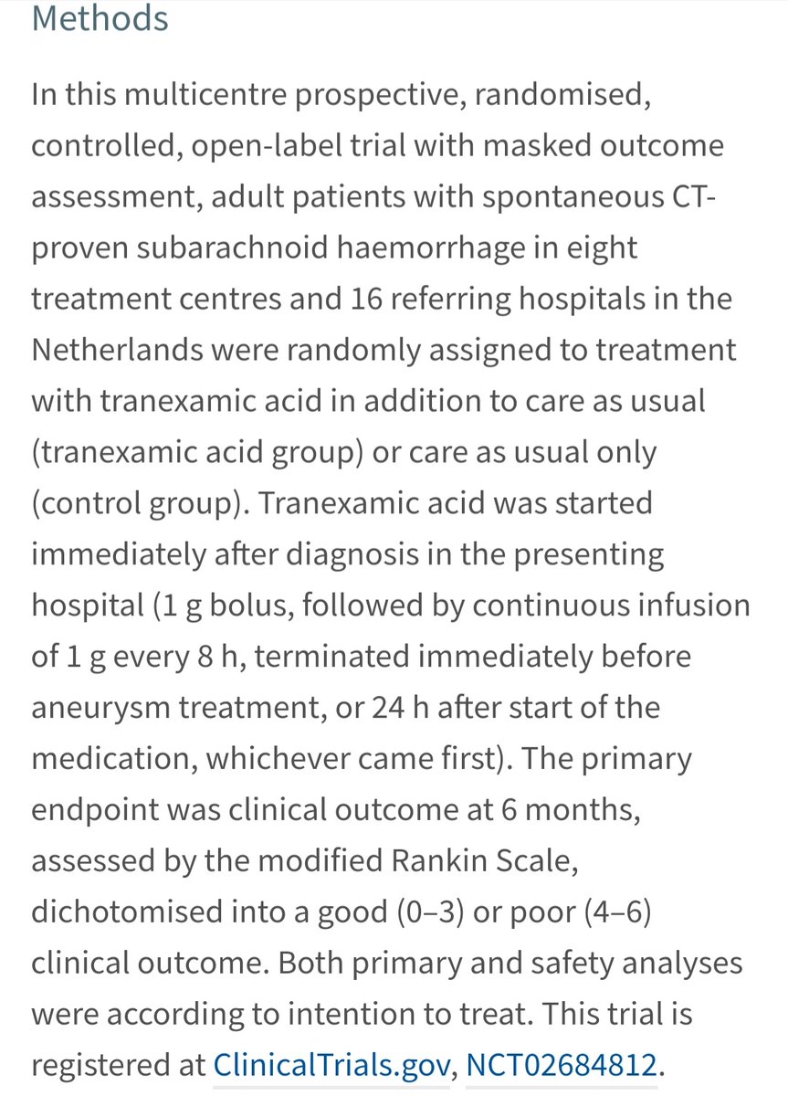 almuftifawaz's tweet photo. #ULTRAtrial on TXA in SAH:
Multicenter, RCT w 955 pts: 480 SAH pts received #TXA vs 475 controls
60% in TXA arm had good outcome(mrs 0-3)vs 64%(OR 0·86,95%CI 0·66–1·12)
Nonsignif.10% #rebleeding in TXA arm vs14% in the control(OR 0·71,95%CI 0·48–1·04) https://t.co/8QYkDJTs74 https://t.co/nvOVrZpyih