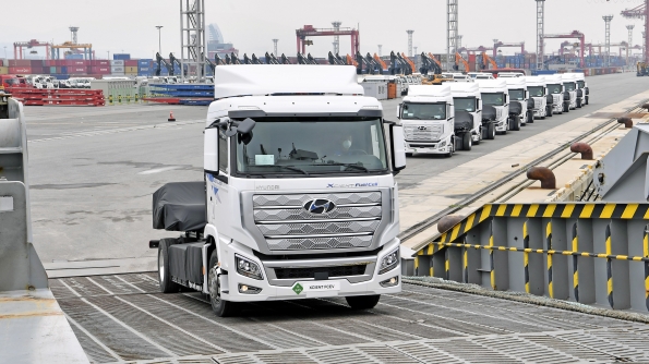 Hyundai's tweet image. Since hitting Swiss roads last October, the fleet of now 46 #HyundaiXCIENT #hydrogen fuel cell trucks have collectively exceeded 1 million kilometers of driving #ProgressforHumanity