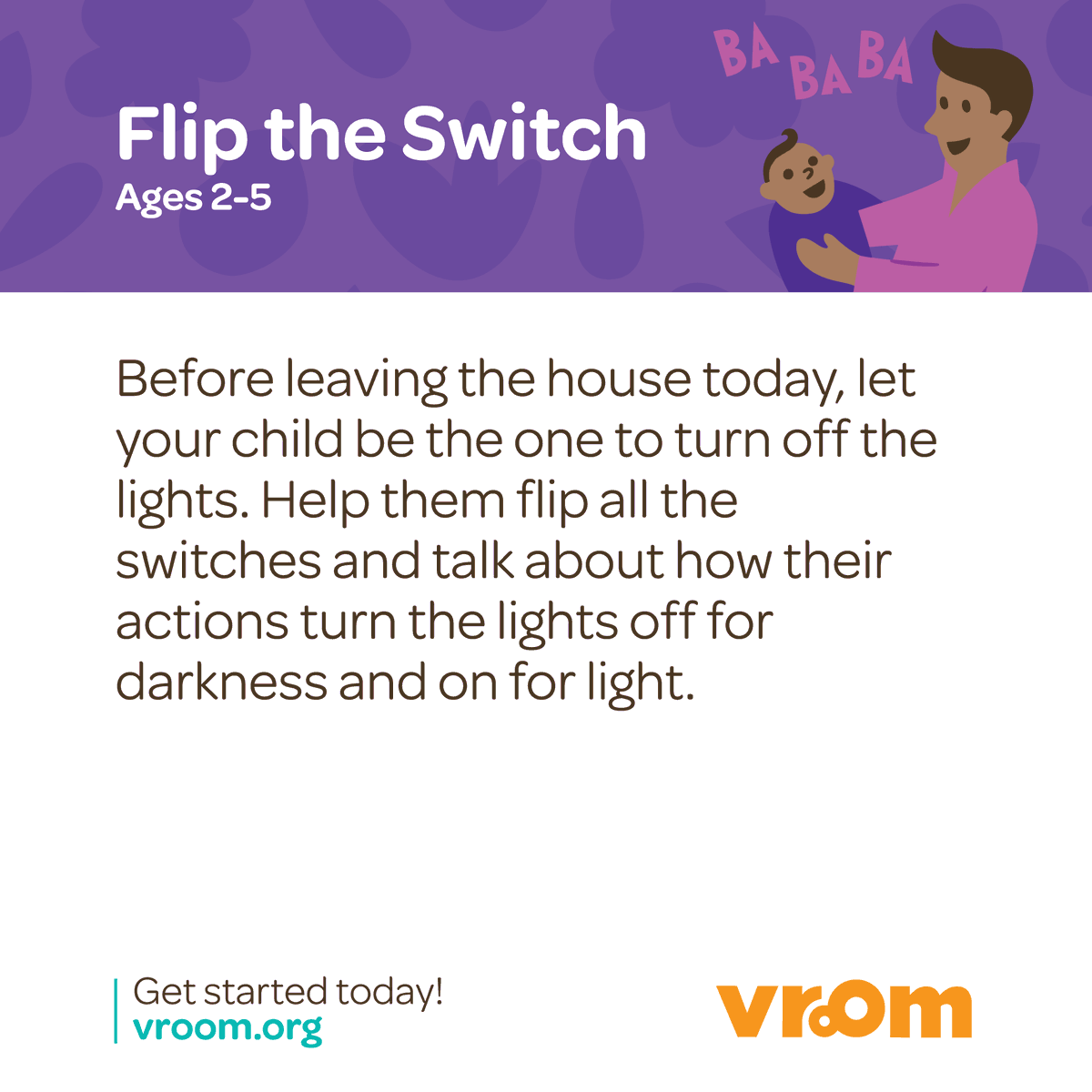 joinvroom's tweet photo. Does your child ❤️ to turn the lights off & on? Next time you leave the house, ask them to turn off the lights & then chat about what's happening (great intro to the concept of cause & effect).
See the #BrainyBackground behind this simple #VroomTip that's sure to please. ⬇️ https://t.co/7BIZEwOQt5