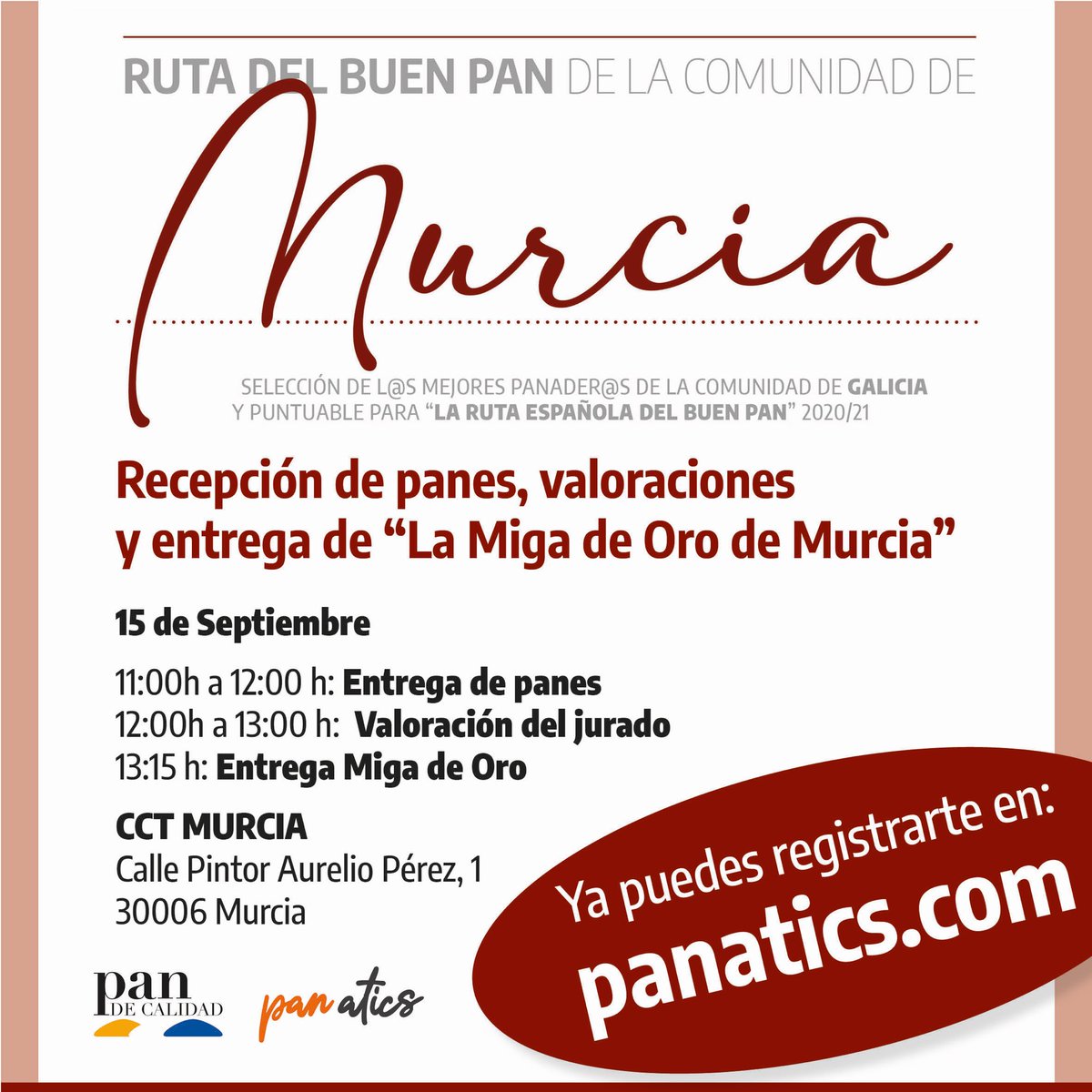 #Panaderos #Panaderas de la Comunidad de #Murcia os esperamos el día 15/09 en #larutadelbuenpan registraros en panatics.com  <a href="/OtonPencho/">Pencho Otón</a> <a href="/cctmurcia/">CCT MURCIA</a>