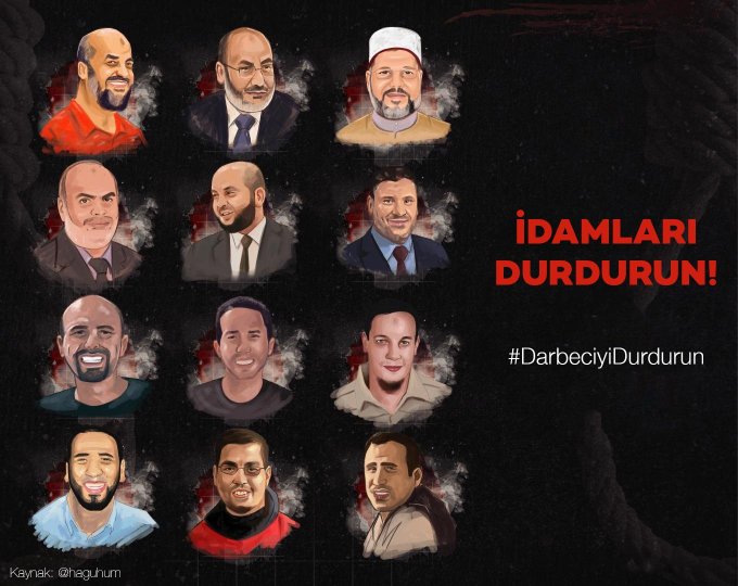 Şimdiye kadar idam edilen 94 kişiye, bu 12 kişi eklenmemeli...
Geç olmadan daha fazla ses vermeli ve bu idam kararlarının durdurulması için gerekli adımlar atılmalıdır... 
#DarbeciyiDurdurun