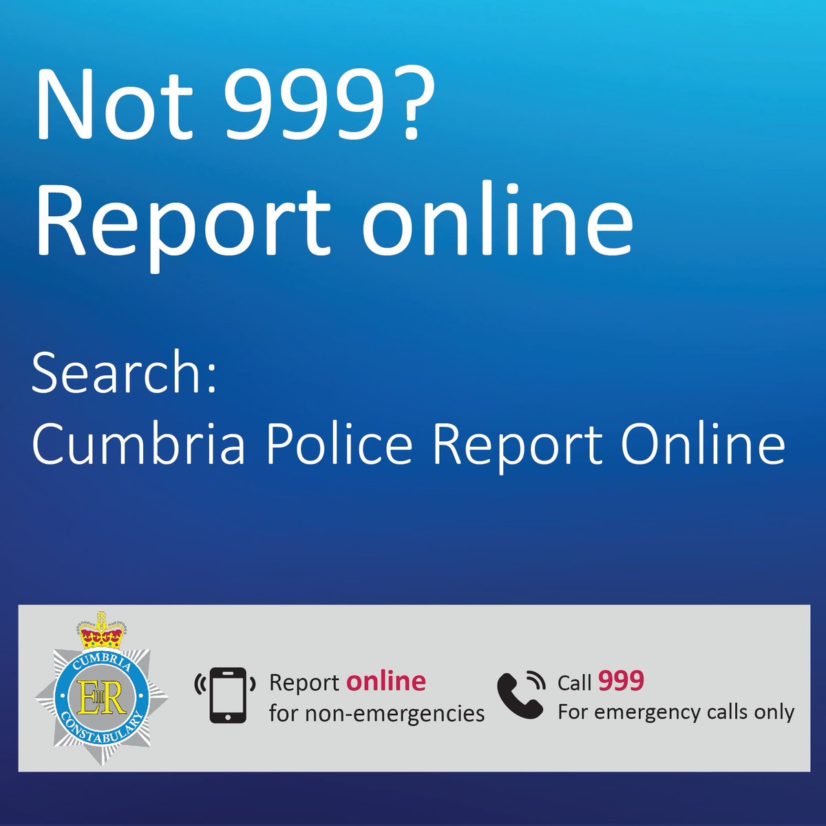 Cumbriapolice's tweet image. s it an emergency? Or is it a crime in progress? If not, then it’s #Not999

We take non-emergency reports online here: orlo.uk/yT7P3

If you can’t get online, you can call 101

#Not999