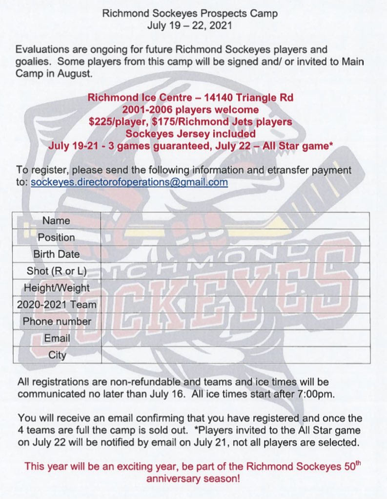 Spots still available at all positions in our Prospect Camp July 19-22.  Only 1 goalie spot left. Sign up today