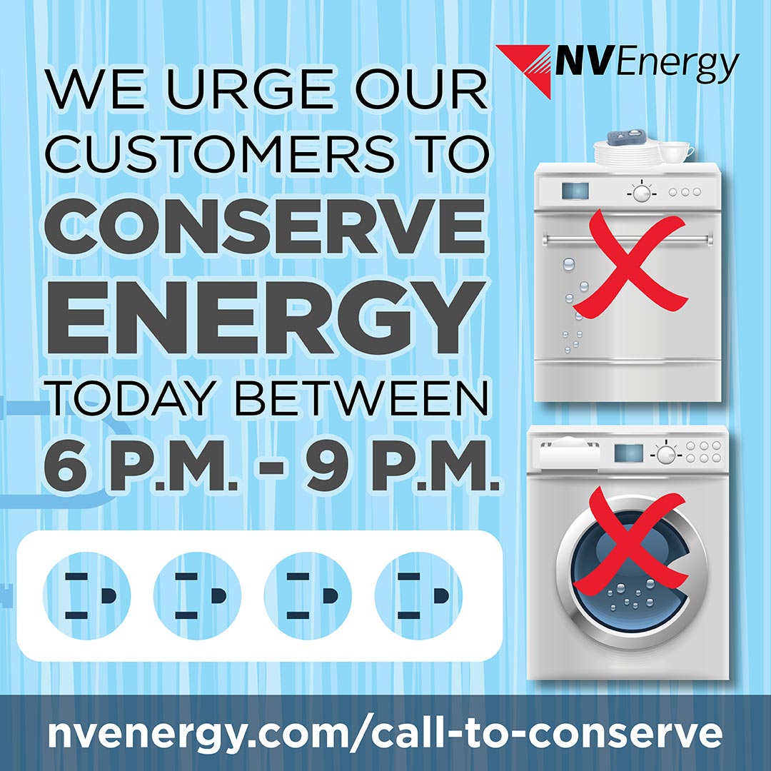 NVEnergy's tweet image. Extreme heat in the western U.S. and out-of-state wildfires impacting regional transmission lines continue to impact energy supply.  Thank you for conserving energy today between 6 p.m. and 9 p.m. to help reduce the strain on the electric grid.