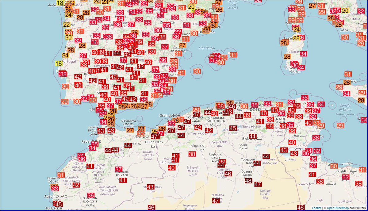 La chaleur extrême s'est décalée vers le nord de l'#Algérie ce dimanche avec souvent 47°C.
Record absolu battu à Oujda au #Maroc avec 47,3°C sous un sirocco à 60 km/h.
Le vent a viré à l'ouest ensuite, faisant chuter la température à 34°C avec hausse brutale de l'humidité. 