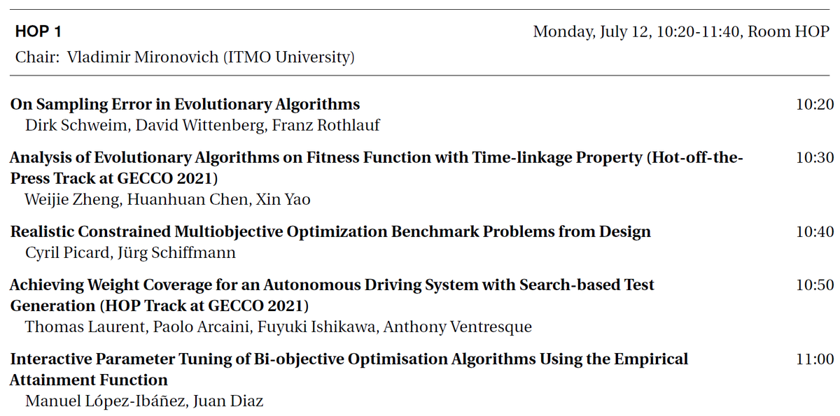CarolaDoerr19's tweet photo. The Hot-of-the-Press track @GeccoConf had a very healthy number of submissions this year. We will have 3 sessions presenting some of the most exciting work in #EvolutionaryComputation.
First session Monday, July 12, 10:20-11:40 https://t.co/LUwnye0X9A