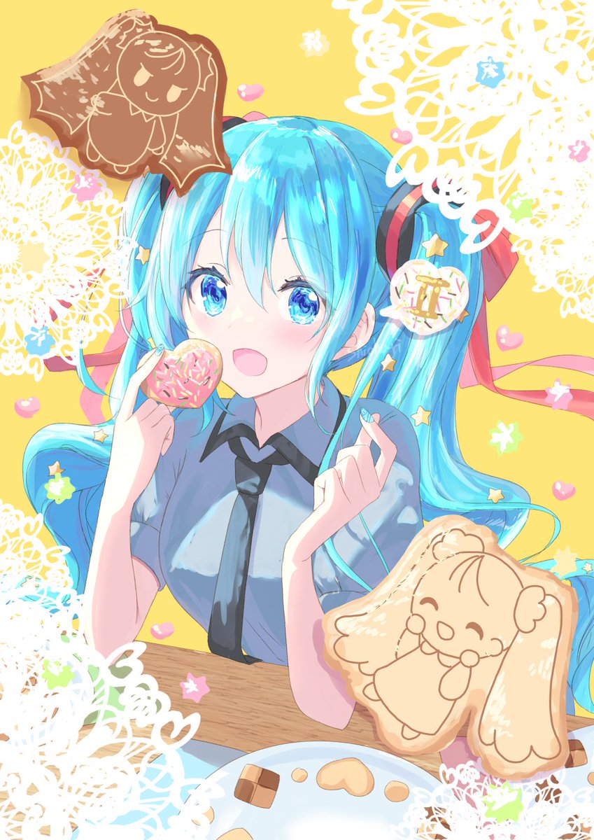 hatsune miku 1girl necktie food cookie long hair twintails shirt  illustration images
