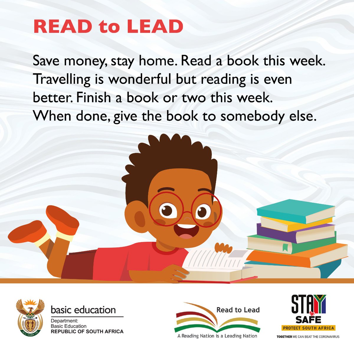 Read to Lead 🚨

Since lockdown, travelling has been banned for majority of the time under lockdown. Books are a great way to entertain your family 📚

#ReadToLead <a href="/DBE_SA/">Dep. Basic Education</a>