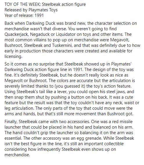 stcanardfiles's tweet photo. TOY OF THE WEEK: Steelbeak action figure 
Released by Playmates Toys
Year of release: 1991
#darkwingduck #steelbeak #playmatestoys #actionfeature #fowl https://t.co/WMJD3ctD60