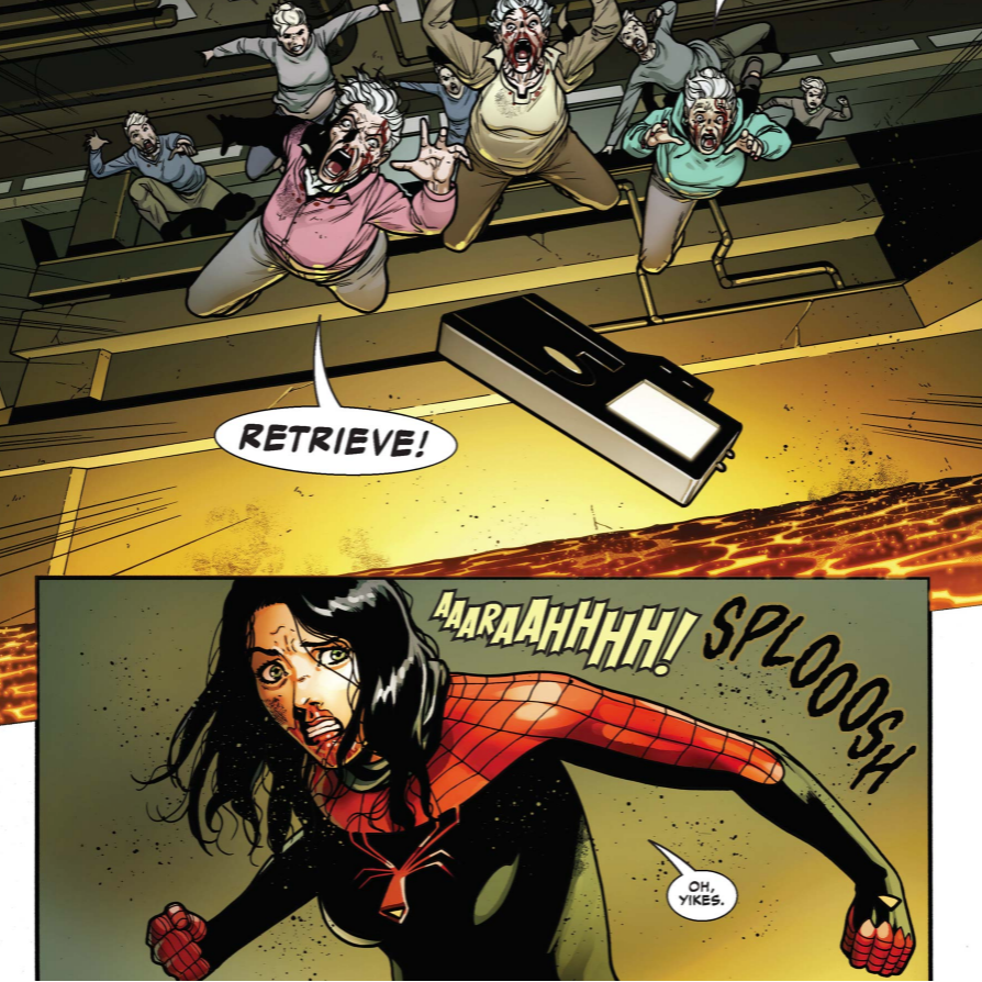 CrazyforRAMU's tweet photo. Just that face you pull seeing mindless clones of your mother hurling themselves into a lava pit. You know the one.

From #SpiderWoman 10, now on #MarvelUnlimited. By @THEKarlaPacheco and the splendid #PerePerez.

#JessicaDrew #Yikes #CloningBlues #RelatableComics #FunnyPanels https://t.co/4vS1NFnrdU