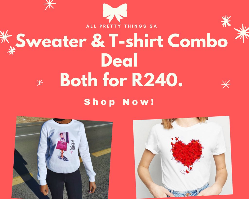 allprettythingz's tweet photo. Sweater &amp; Love Themed T-shirt Combo Deal! 🤩

Get both for R240 and save up to R200! While Stocks Last!

We deliver in SA via pep store or parcels can be collected for free at Ferndale, Randburg!🚛

DM or WhatsApp us for Orders!🛒

Gauteng | #FamilyMeeting | Cyril | #Uyajola99 https://t.co/Teq7TKQy7J