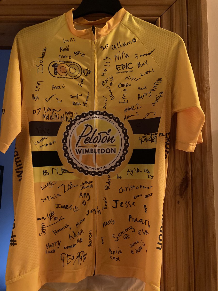 RutherglenLTC's tweet photo. This makes us very proud! A #PelotonToWimbledon yellow jersey signed by all our wonderful juniors who participated in our #JuniorPursuit raising almost £5,000 for #RLTCProject100. If we get our indoor courts in Overtoun Park this will be framed and displayed front and centre!🙌🙌 https://t.co/JiIYvjKN5R