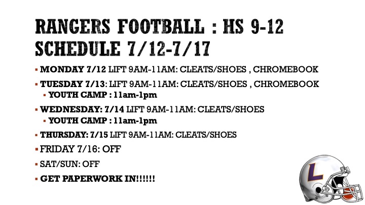 CoachTThome's tweet photo. Rangers Schedule: 7/12-7/17: YOUTH CAMP tue/wed, STILL TIME TO SIGN UP: HS Full Week to get better, 40 days till game 1!! #PCE #FAST21 @LkwdAthletics https://t.co/SCW0mL9JFx
