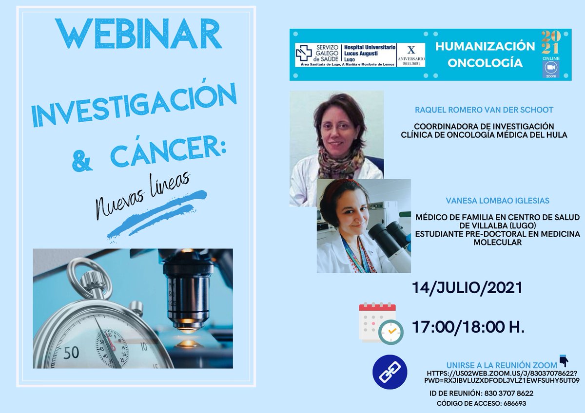 Webinar #Investigación #Cancer 📢14-07-2021 17:00 h.  <a href="/RRomeroVan/">Raquel Romero</a> @vanesalombao  @OncoLucus 
✅ Link en el programa 
#pacientes #cuidadores
<a href="/chusptaboada/">Chus Perez Taboada</a>
<a href="/Juankoko77/">Juan Pérez Peña</a>
<a href="/angeles_dono/">Angeles Dono Diaz</a>
<a href="/Pilar_RguezLedo/">Pilar Rodríguez Ledo #MFenEsencia</a>
<a href="/ana_murado/">A M</a>
<a href="/quiolque/">Olga Roca Bergantiños</a>
<a href="/bcamposbalea/">Begoña Campos</a>
<a href="/Iz_fersob/">Ignacio</a>
@LugoAECC
<a href="/SomosUnidospec/">SomosUnidos</a>