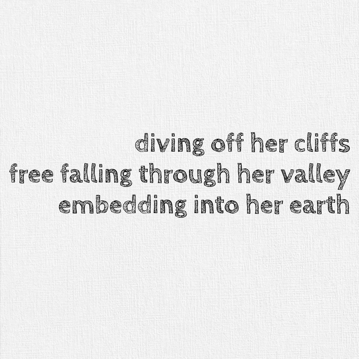 readwritehaiku's tweet photo. diving off her cliffs
free falling through her valley
embedding into her earth
#haiku #haikupoetry #haikupoem #poem #poet #poetry #poetrylovers #poems #micropoetry #micropoem #readwritehaiku #haikuspirit #spiritofhaiku #haikuaday #haikumoment #senryu #WarriorPoetSeer https://t.co/DcAe5xkqrc